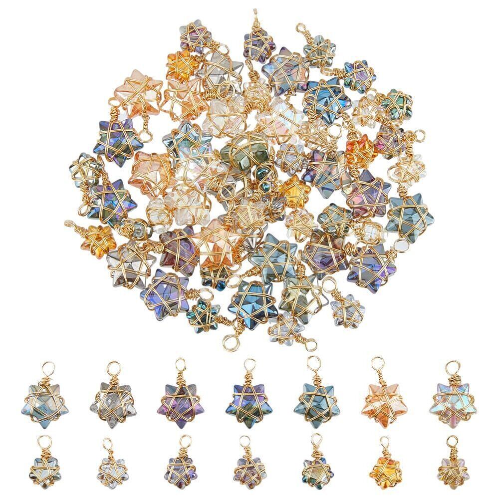 3141 56Pcs 2 Sizes Wire Wrapped Star Pendants Gold Color Electroplate Glass